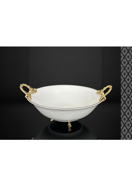 Bold Altın Yaldızlı Kulplu Porselen Kase 3 Ayaklı