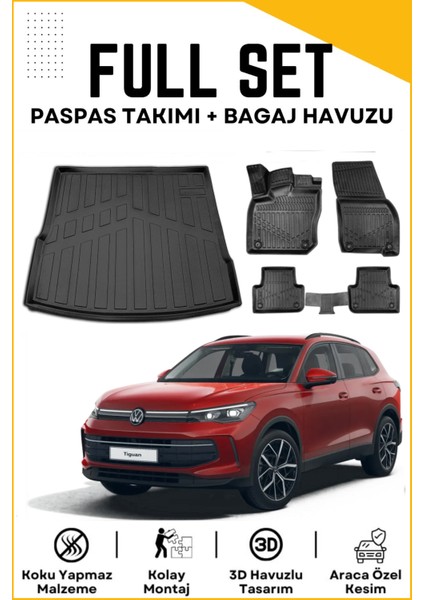 Volkswagen Tiguan 2024-2025 Model Üst Birebir Uyumlu Bagaj Havuzu+Paspas Seti