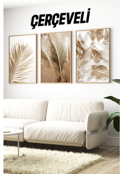 🌿 Altın Tonlarda Tropikal Yaprak Temalı 3’lü Çerçeveli Tablo Seti🌿 CRV1142 23 x 32