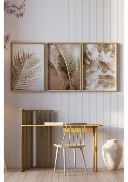 🌿 Altın Tonlarda Tropikal Yaprak Temalı 3’lü Çerçeveli Tablo Seti🌿 CRV1142 23 x 32 fiyatları