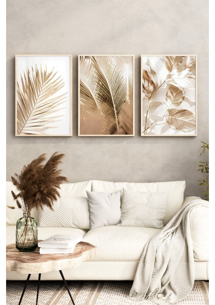 🌿 Altın Tonlarda Tropikal Yaprak Temalı 3’lü Çerçeveli Tablo Seti🌿 CRV1142 23 x 32 fırsatları