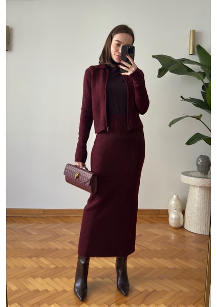 Nova Fermuarlı Etekli Triko Takım- Bordo