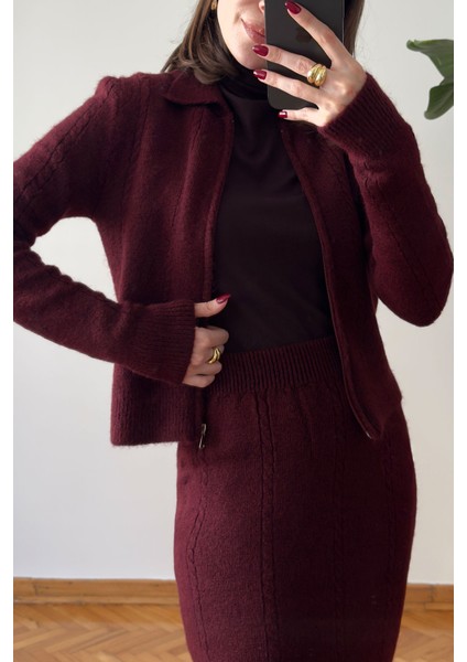 Nova Fermuarlı Etekli Triko Takım- Bordo fiyatları