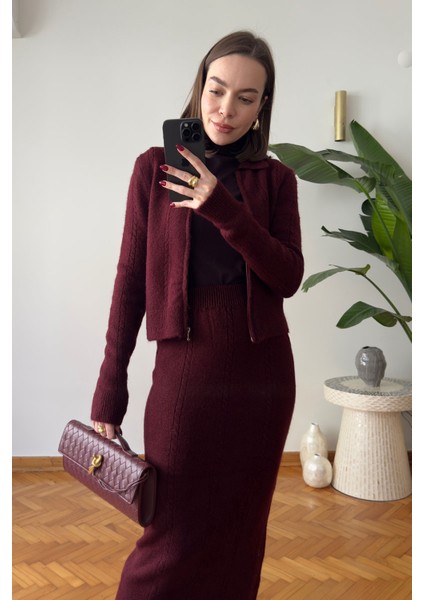 Nova Fermuarlı Etekli Triko Takım- Bordo modelleri