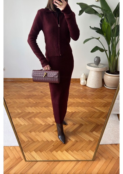 Nova Fermuarlı Etekli Triko Takım- Bordo fırsatları