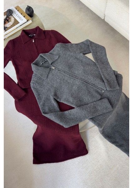 Nova Fermuarlı Etekli Triko Takım- Bordo indirimleri