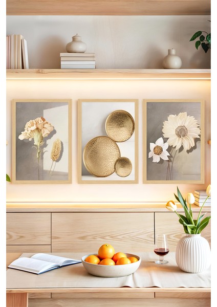 🖼️modern Doğallığın Yansıması Altın Tabak Çiçek Detaylı Tablo Seti Çerçeve GÖRÜNÜMLÜ🌟CRVS1140 13 x 17