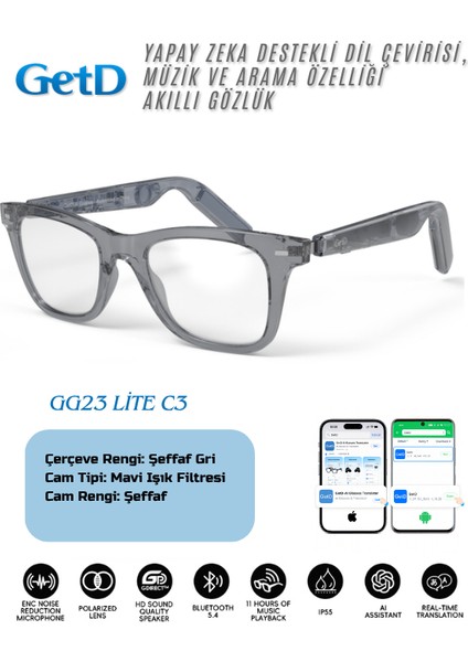 GG23C3 Getd Akıllı Gözlük – Çeviri, Müzik ve Arama Özellikli Bluetooth Gözlük