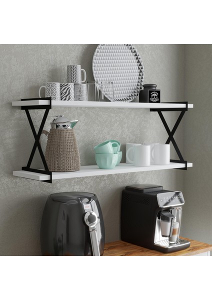 Athena 2 Li 60CM Beyaz Raf Metal Tutucu Siyah Dekoratif Raf, Kitaplık, Kahve Köşesi Rafı fiyatları