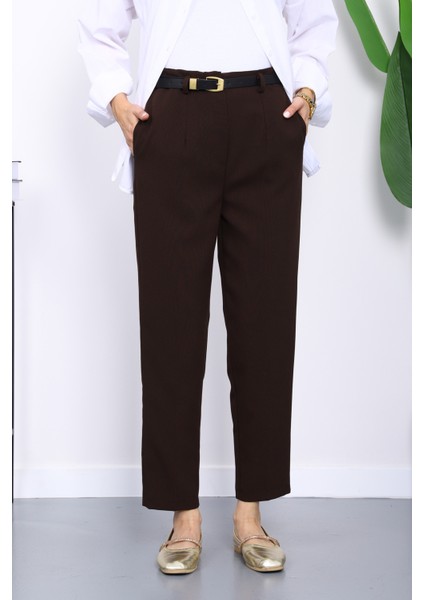 Kahverengi Kemerli Önü Pensli Havuç Kumaş Pantolon