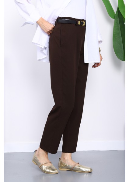 Kahverengi Kemerli Önü Pensli Havuç Kumaş Pantolon modelleri