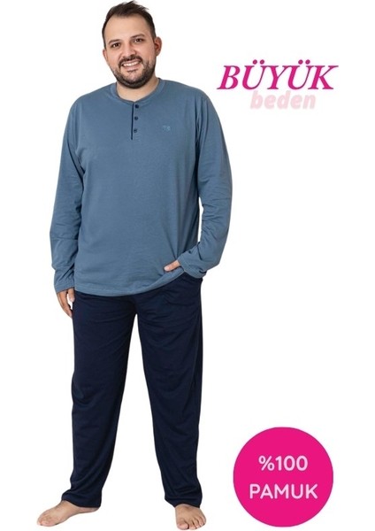 Erkek Füme Lacivert Büyük Beden 3 Düğmeli %100 Pamuk Mevsimlik Uzun Kol Cepli Pijama Takımı