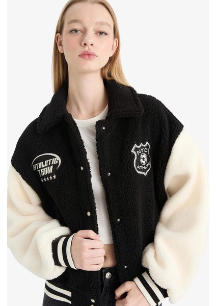 E9837AXBK81 Siyah Coool Oversize Geniş Kalıp Polo Yaka Pelüş Bomber Ceket