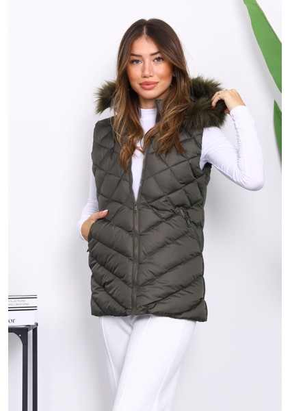 Haki Kapüşonlu Cepli Şişme Yelek