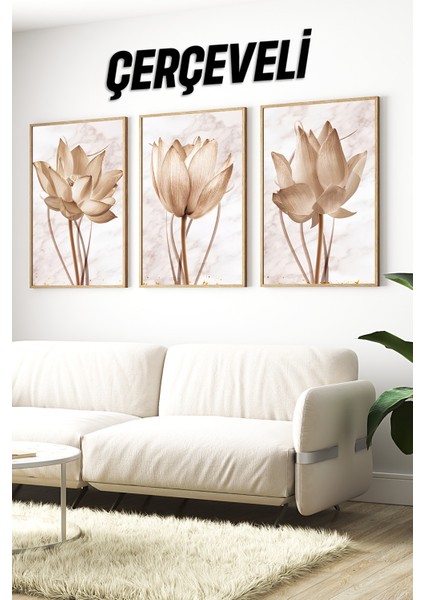 🌸 Lotus Çiçek Desenli 3'lü Mdf Çerçeveli Tablo Seti 🌸🌿 CRV1147 23 x 32