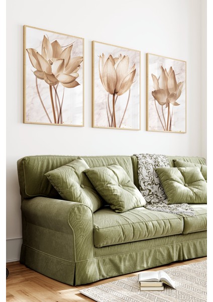 🌸 Lotus Çiçek Desenli 3'lü Mdf Çerçeveli Tablo Seti 🌸🌿 CRV1147 23 x 32 indirimleri