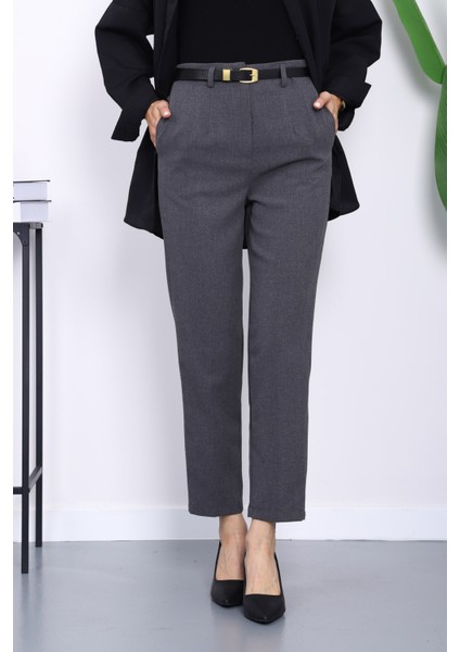 Füme Kemerli Önü Pensli Havuç Kumaş Pantolon