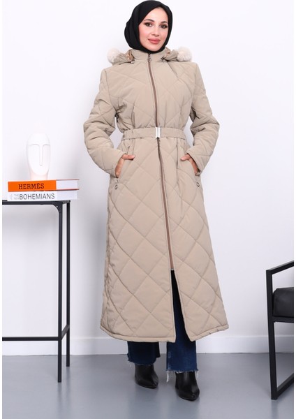 Vizon Kapüşonlu Kapitone Uzun Şişme Mont