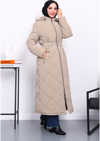 Vizon Kapüşonlu Kapitone Uzun Şişme Mont fiyatları