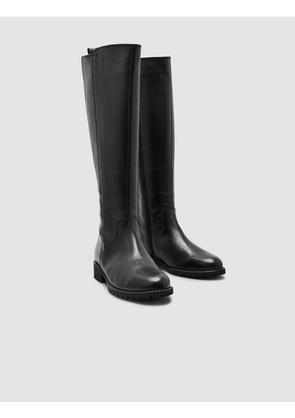 %100 Hakiki Deri Siyah Fermuarlı Kadın Düz Çizme