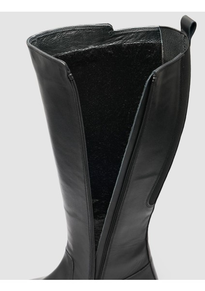 %100 Hakiki Deri Siyah Fermuarlı Kadın Düz Çizme