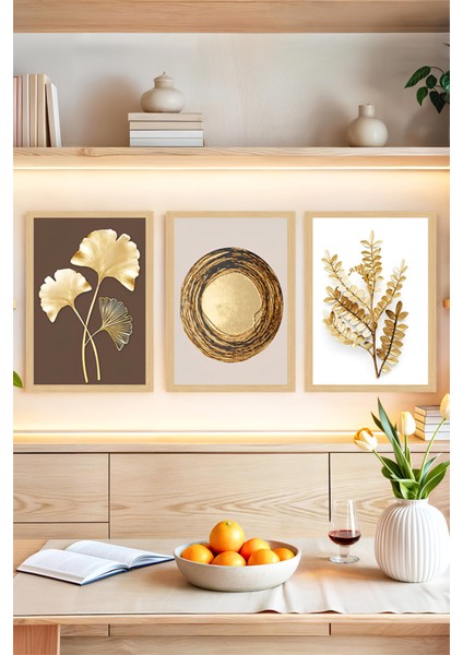 ✨ Altın Detaylı Bitki ve Daire Temalı 3’lü Çerçeve Görünümlü Tablo Seti ✨ CRVS1132 13 x 17