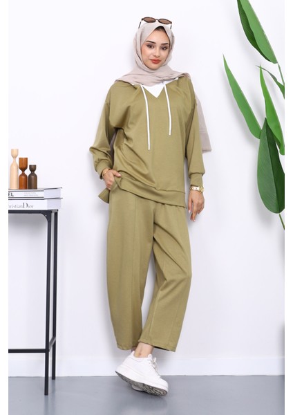 Haki Kapşonlu Tunik Pantolonlu Takım