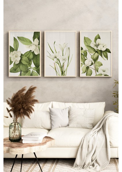 🌿 3’lü Çerçeveli Yeşil Yapraklı Beyaz Çiçek Desenli Tablo Seti – Botanik ve Natürel Stil🌿 CRV1157 23 x 32 fırsatları