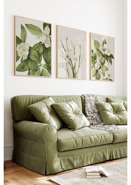 🌿 3’lü Çerçeveli Yeşil Yapraklı Beyaz Çiçek Desenli Tablo Seti – Botanik ve Natürel Stil🌿 CRV1157 23 x 32 indirimleri