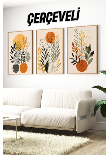 🌿 Turuncu Vazo ve Yaprak Temalı 3’lü Çerçeveli Tablo Seti Modern Dekorasyonun Yeni Yüzü 🌿 CRV1158 23 x 32