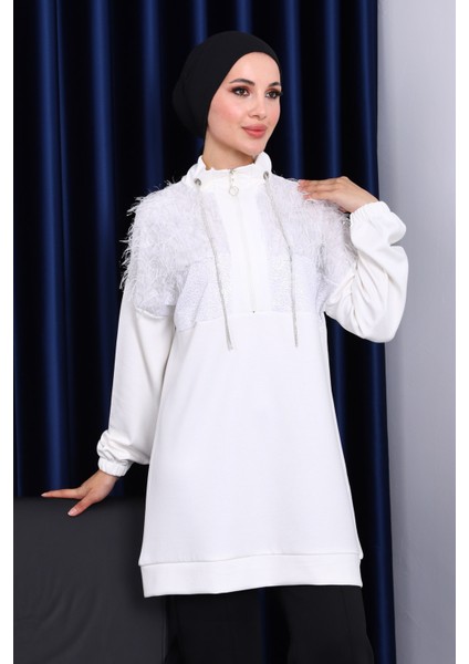 Ekru Yaka Fermuarlı Püsküllü Tunik