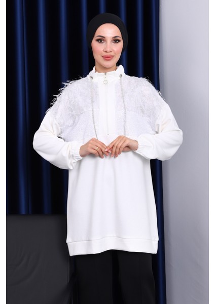 Ekru Yaka Fermuarlı Püsküllü Tunik fiyatları