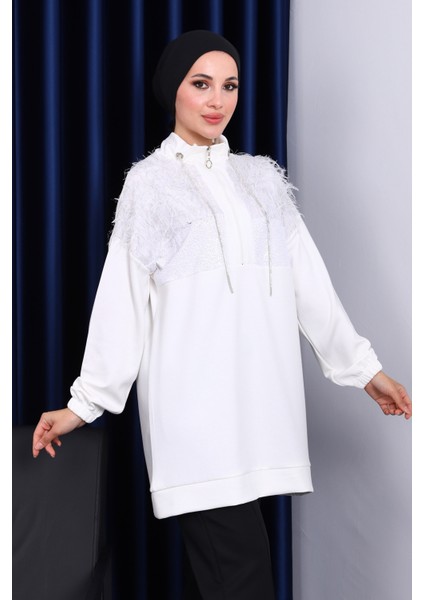 Ekru Yaka Fermuarlı Püsküllü Tunik modelleri