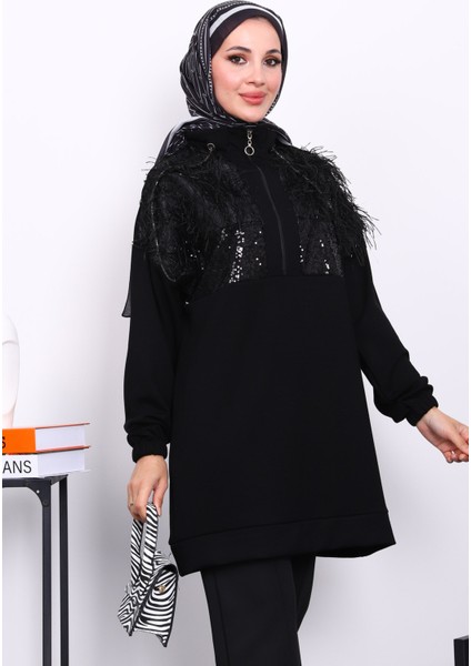 Siyah Yaka Fermuarlı Püsküllü Tunik