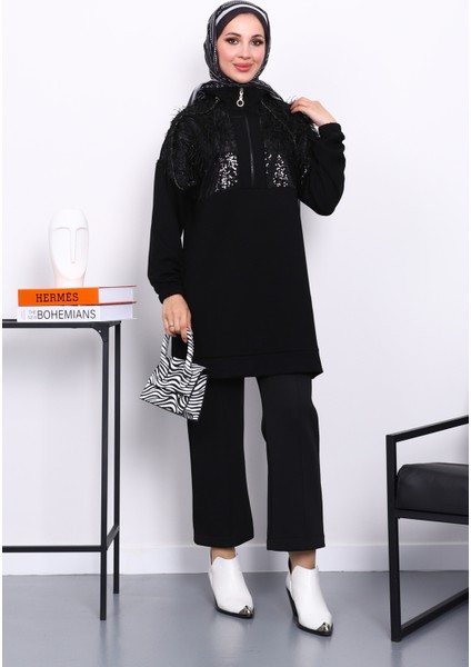 Siyah Yaka Fermuarlı Püsküllü Tunik fiyatları