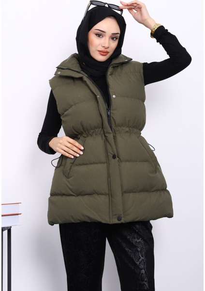 Haki Bel Lastikli Cepli Şişme Yelek