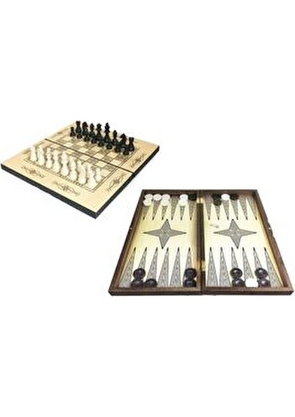 Yakma Tavla ve Satranç Seti Büyük Boy Mıknatıslı Kapaklı Doğal Tasarım 1 Takım