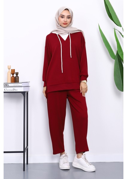Bordo Kapşonlu Tunik Pantolonlu Takım