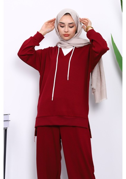 Bordo Kapşonlu Tunik Pantolonlu Takım modelleri