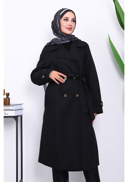 Siyah Kruvaze Yaka Astarlı Trençkot modelleri