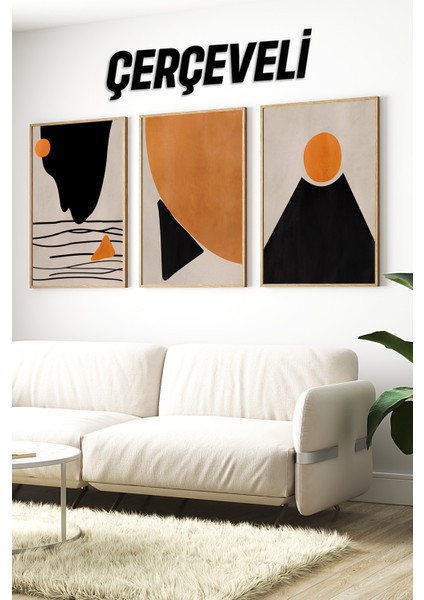 🖼️ Soyut Geometrik Desenli 3’lü Çerçeveli Tablo Seti – Hardal, Siyah ve Krem Tonlarında 🌿 CRV1146 23 x 32