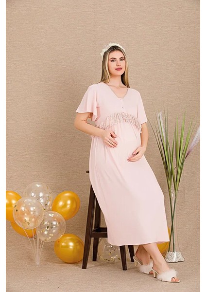 Lady Lingerie Uzun Kollu,düğme Yakalı,dantelli Lohusa-Hamile Gecelik