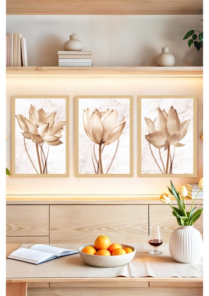 🌸 Zarafetin Yeni Yüzü: Sepya Lotus Çiçekleri Temalı 3’lü Çerçeve Görünümlü Tablo Seti 🌸 CRVS1147 13 x 17