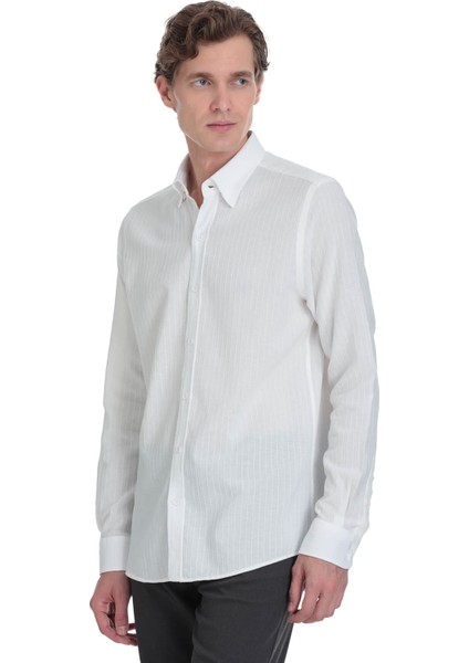 Beyaz Comfort Fit Çizgili Düğmeli Yaka 100% Pamuk Uzun Kollu Casual Gömlek