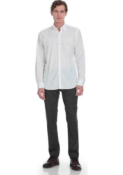 Beyaz Comfort Fit Çizgili Düğmeli Yaka 100% Pamuk Uzun Kollu Casual Gömlek fiyatları