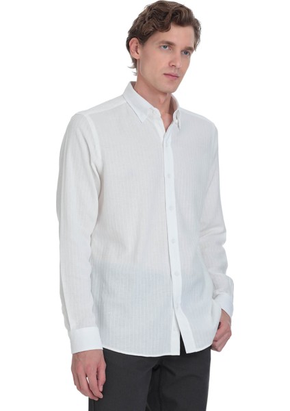Beyaz Comfort Fit Çizgili Düğmeli Yaka 100% Pamuk Uzun Kollu Casual Gömlek