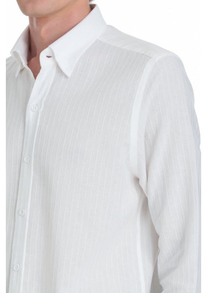 Beyaz Comfort Fit Çizgili Düğmeli Yaka 100% Pamuk Uzun Kollu Casual Gömlek