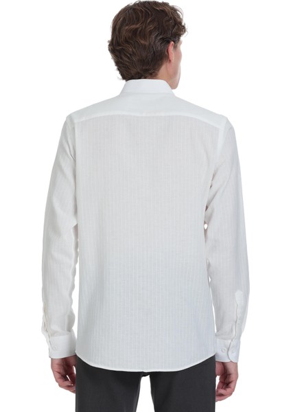 Beyaz Comfort Fit Çizgili Düğmeli Yaka 100% Pamuk Uzun Kollu Casual Gömlek