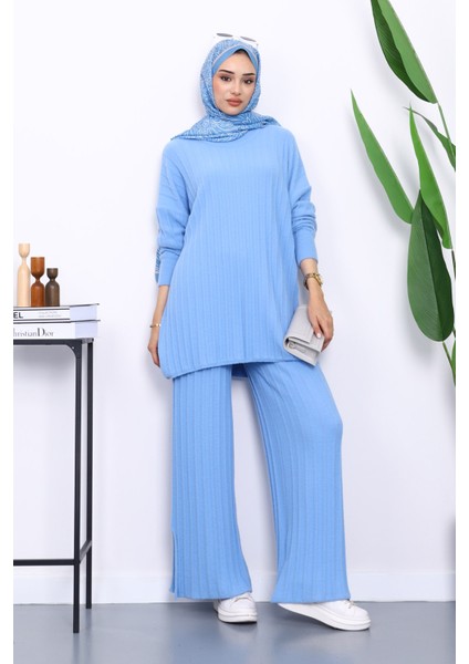 Bebe Mavi Fitilli Yumoş Tunik Pantolonlu Triko Takım