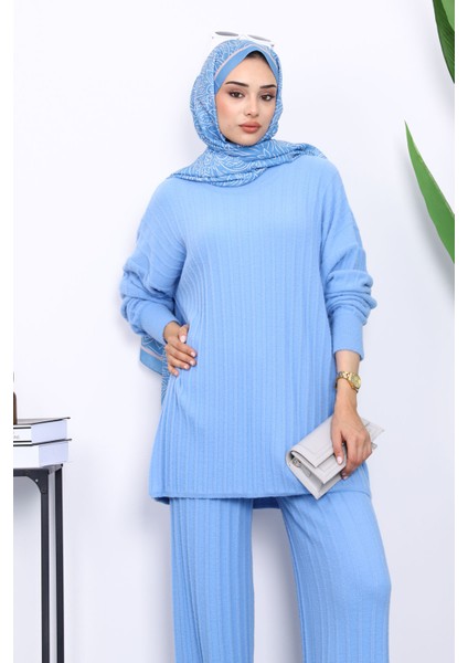 Bebe Mavi Fitilli Yumoş Tunik Pantolonlu Triko Takım modelleri